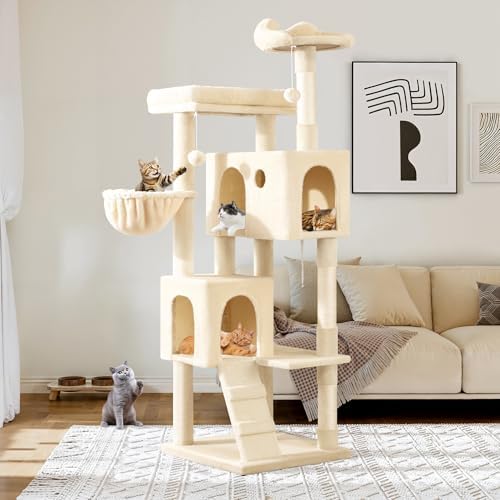 Allewie 64 Inches Multi-Level Cat Tree Tower for Indoor Cats, Beige by Allewie