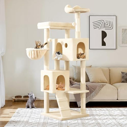 Allewie 64 Inches Multi-Level Cat Tree Tower for Indoor Cats, Beige by Allewie