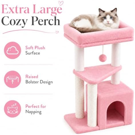 Small Cat Tree Tower for Indoor Cats, 33 Inches Multi-Level Cat Condo with Scratching Posts, Large Perch, Hanging Toy for Large Adult Cats, Pink - Image 3