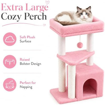 Small Cat Tree Tower for Indoor Cats, 33 Inches Multi-Level Cat Condo with Scratching Posts, Large Perch, Hanging Toy for Large Adult Cats, Pink - Image 3