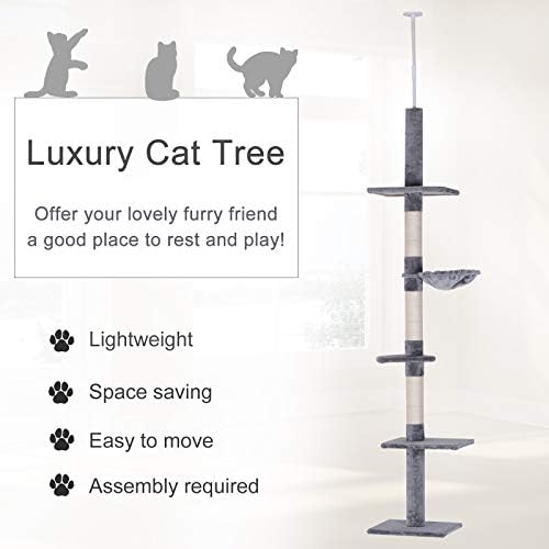 PawHut 102" Adjustable Height Floor to Ceiling Cat Tree, 5 Level Gray - Image 3