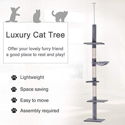PawHut 102" Adjustable Height Floor to Ceiling Cat Tree, 5 Level Gray - Image 3
