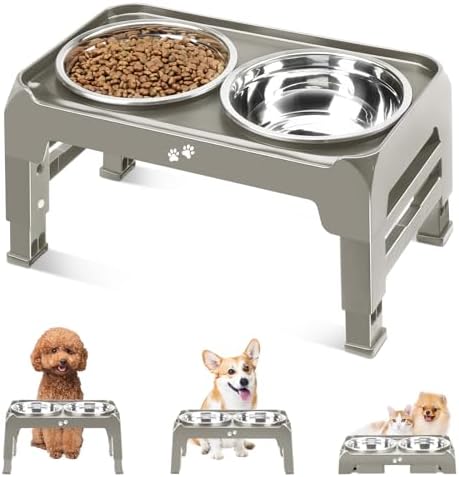 Elevated Dog Bowls for Small Dogs 3 Height Adjustable Raised Dog Bowl Stand with 25oz Stainless Steel Food Bowls Anti-Slip Small Dogs Feeder Adjusts to 7.5", 6", 2.75", Light Brownish Gray by COMESOON