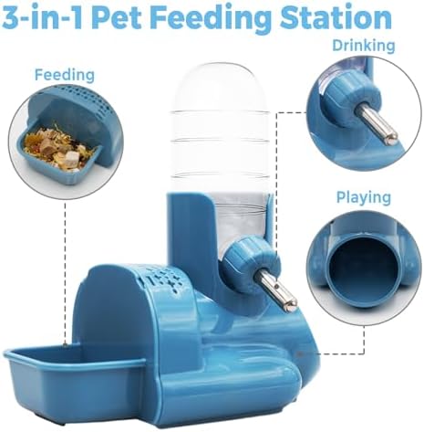 VANNON 3-in-1 Hamster Water Bottle with Food Bowl & Hideout Base, Blue - Image 2
