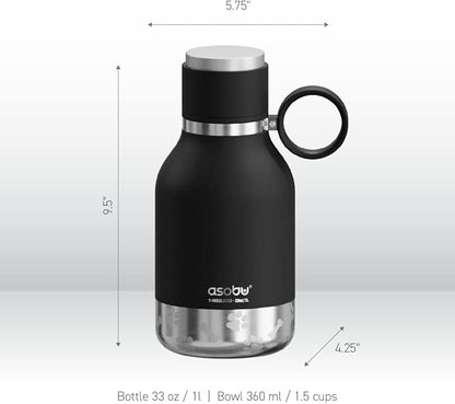 Asobu Buddy Bottle a Stainless Steel Insulated Water Bottle for with Removable Dog Water Bowl and Dog Food and Treat Storage Bowl (Black, 37 Oz Water Bottle with Bowl)