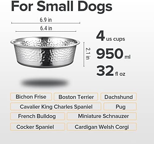 URBUDDIES 2 Pack Hammered Stainless Steel Dog Bowls, 4 Cup, Gray Bottom - Image 2
