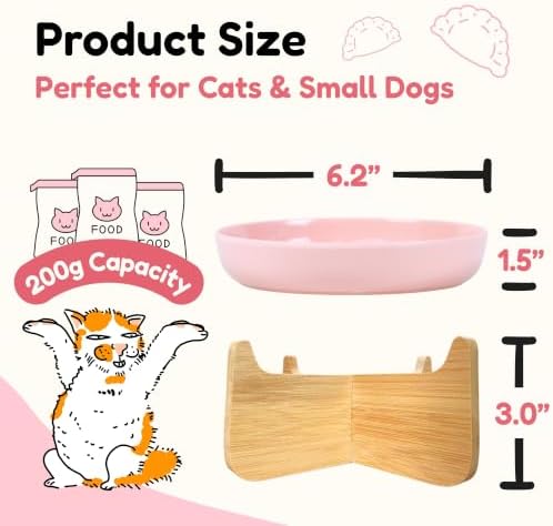 Elevated Slow Feeder Cat Bowl with Bamboo Stand, 6.3'' Ceramic Cat Food Bowl, Raised Whisker Friendly Cat Dish for Wet & Dry Food, Dishwasher Safe Anti-Slip Feeder for Cats & Small Dogs (Pink) - Image 2