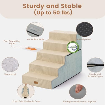 Gardner Pet Dog Stairs for Small Dogs 22.8" H, 5-Step Extra Wide Dog Stairs for High Bed, Pet Steps for Small Dogs and Cats Couch with Durable Non-Slip Waterproof Fabric Cover and Soft Foam, Beige - Image 4
