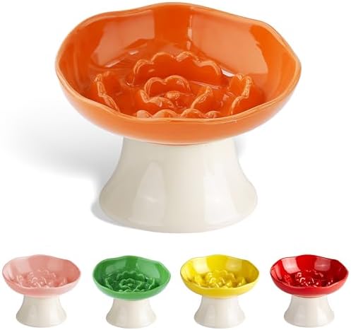 Ceramic Slow Feeder Bowl for Cats and Small Dogs, Elevated Tilted Pet Food Dish, Whisker Friendly Anti-Vomit Design, Heavy Stable Base, Dishwasher Safe， 5 Colors Options (Tangerine Orange) by Trundisan