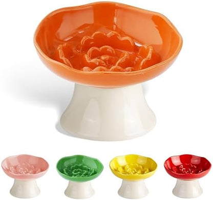 Ceramic Slow Feeder Bowl for Cats and Small Dogs, Elevated Tilted Pet Food Dish, Whisker Friendly Anti-Vomit Design, Heavy Stable Base, Dishwasher Safe， 5 Colors Options (Tangerine Orange) by Trundisan