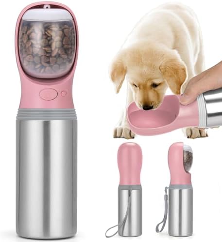 Portable Dog Water Bottle with Food Container, 14 OZ, Stainless Steel by Anipaw