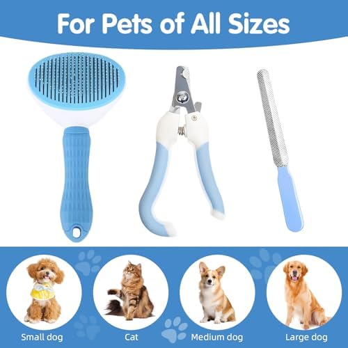Aglads 3PCS Cat Rabbit Bunny Dog Grooming Kit, Self-Cleaning Slicker Cat & Dog Brush for Shedding, Fine-Needle Comb, Pet Nail Clipper & File for Long/Short-Haired Pets, Easy to Remove Loose (3, blue) - Image 6