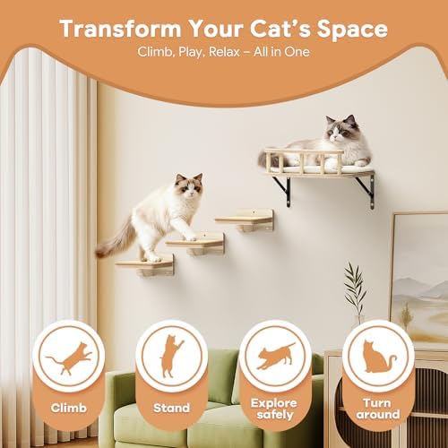 17" × 13" Large Cat Wall Shelves- Wall Climber Wooden Furniture Cat Shelf with Cushion and 3 Wide Perch Steps for Large Cats and Kittens Sleeping, Playing, Climbing - Image 3