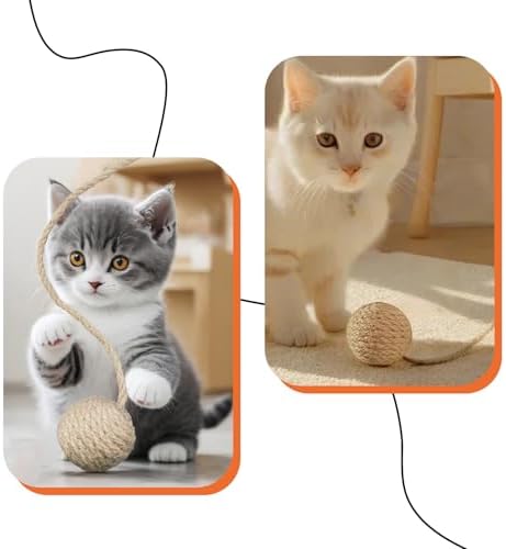 2 Inch Cat Toy Ball with 10 Inch Sisal Rope Wrapping & Quiet Bell - Natural Sisal Material for Endless Feline Fun - Image 4