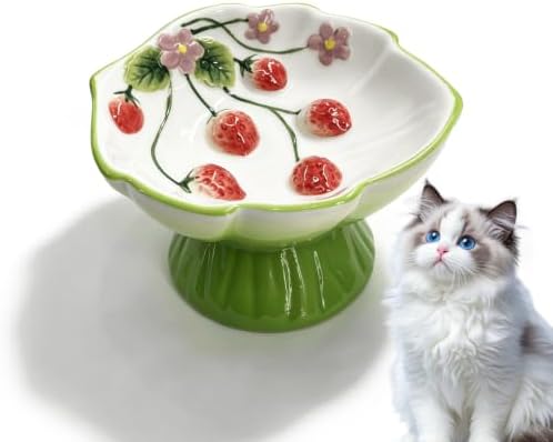 Ceramic Strawberry Elevated Cat Bowls, Tilted Raised Pet Dish for Anti Vomit, Spine Protection, Whisker Friendly - Excellent Raised Food and Water Bowl for Indoor Cats, Flat-Faced Cats (Green) by Unknown
