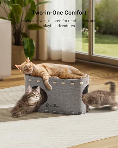 DownyPaws Cat House for Indoor Cats,Peekaboo Cat Bed Cave, Light Gray - Image 2