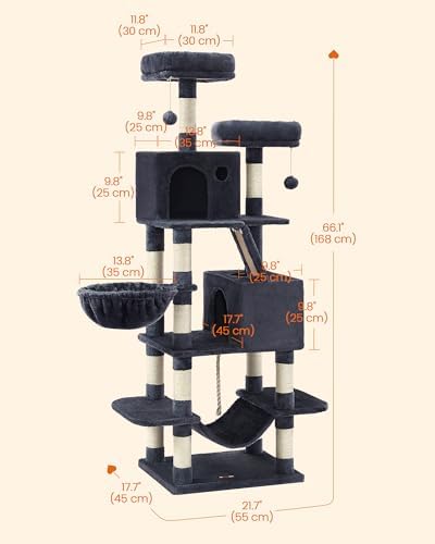 Feandrea Cat Tree, 66.1-Inch Large Cat Tower, Multi-Level Condo, Smoky Gray - Image 5