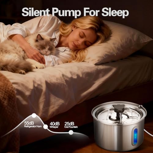 3L/101oz Stainless Steel Cat Water Fountain for Indoor Use - Ultra Quiet Automatic Cat Fountain for Drinking, Pet Water Foutain for Cat with LED Window, Easy to Clean (8 Filters & 8 Sponges) - Image 5