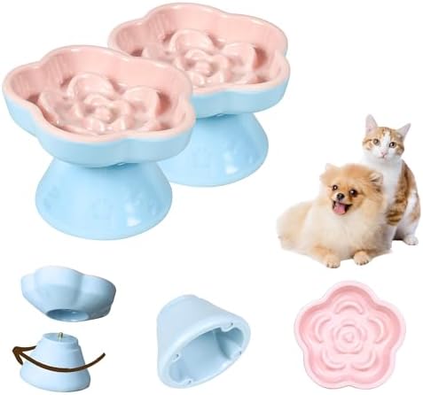 2Pc Raised Slow Feeder Cat Bowl, Melamine Elevated Cat Bowls - Heavy Weighted, Break Resistant, Tilted Slow Feeder Bowl for Cats and Small Dogs, Non-Slip, Dry & Wet Food, Whisker Friendly (Pink, 5.8" by Tafelf