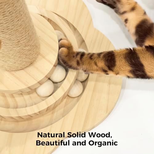 TINYBEAST Wooden Cat Scratching Post for Kittens, 4 in 1 Cat Scratcher Toy with Cat Ball Tracks, 18" Tall Sisal Scratch Post for Indoor Kittens, Interactive Feather Toy and 2 Sisal Hanging Balls - Image 3