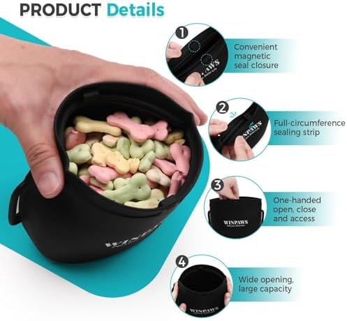 Silicone Dog Treat Pouch with Poop Bag Holder,Waterproof Magnetic Close Sealable Fanny Pack with Adjustable Waist Belt, Pet Puppy Training Essentials, One-Handed Opening with Press & Magnetic (Black) - Image 3