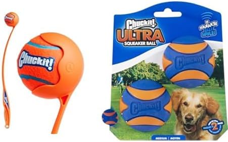 Chuckit! Sport 26L Dog Ball Launcher (26-inch) with 3-inch Ball for Large Dogs & Ultra Squeaker Balls Medium 2.5" (2-Pack) - Interactive Fetch Bundle