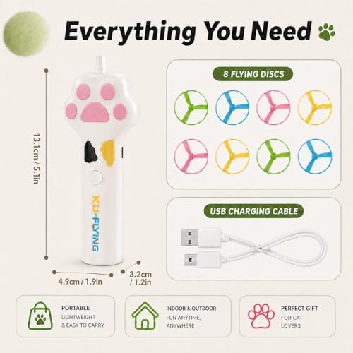 Cat Fetch Toy, Electric Cat Disc Launcher Toy with 8 Flying Spinners, Interactive Cat Toy for Indoor Cats and Bored Kittens, Bendable Discs, Rechargeable Paw Design（White） - Image 7