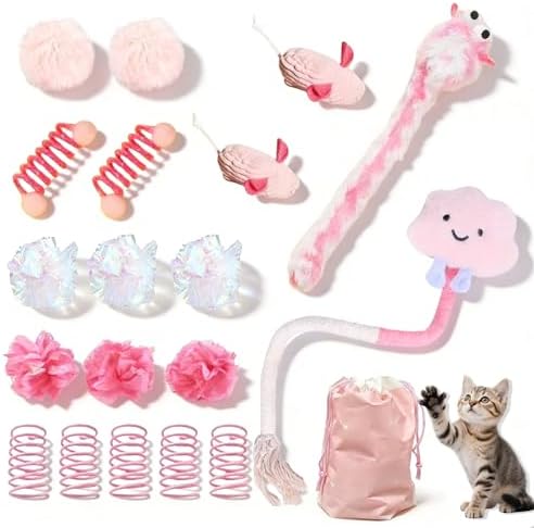 20 Pcs Cat Toy Pack Interactive Kitten Toy Set,Including Cute Catnip Chew Rope Springs Mice Crinkle Ball Furry Balls Toys for Indoor Cat,Pink Kitten Toys with Gift Bag by AINTE