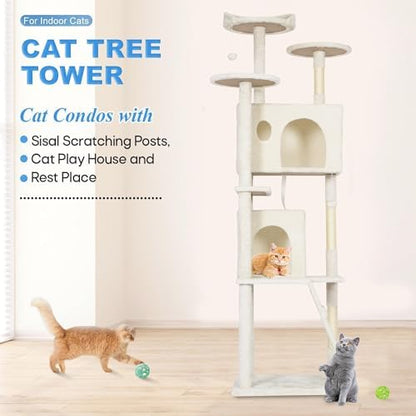 FDW | 62" Cat Tree Tower | Beige | Multi-Level Indoor Activity Center - Image 3