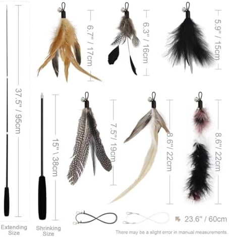 SONGWAY Interactive Cat Feather Toy Set - Retractable Teaser Wand with 6 Pcs Feather Refills with Bell, Cat Wand Toys for Indoor Cats Kittens Play Chase Exercise, Black - Image 6