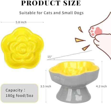 S&Q's CERAMICS Raised Slow Feeder Cat Bowl, Ceramic Elevated Food Bowl Small Dogs Slow Feeder, Flower Shaped Cute Pet Dish for Dry and Wet Food (Yellow, 5.8") - Image 2