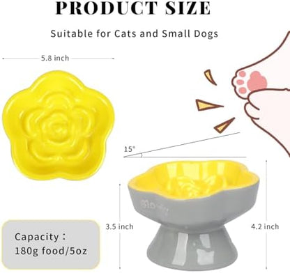 S&Q's CERAMICS Raised Slow Feeder Cat Bowl, Ceramic Elevated Food Bowl Small Dogs Slow Feeder, Flower Shaped Cute Pet Dish for Dry and Wet Food (Yellow, 5.8") - Image 2