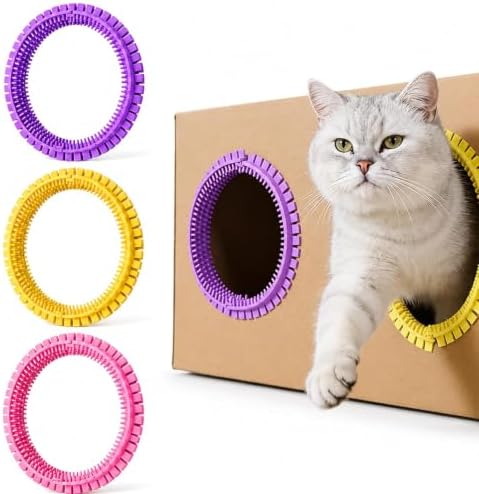 3-Pack Cat Self Groomer for Cardboard Box, Scratch Brushes with Box, Interactive Cat Arch Self Groomer with Scratching Pad, DIY Grooming Brush Ring, Hideouts & Enrichment Play (Purple Pink Yellow) by Unknown