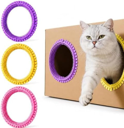 3-Pack Cat Self Groomer for Cardboard Box, Scratch Brushes with Box, Interactive Cat Arch Self Groomer with Scratching Pad, DIY Grooming Brush Ring, Hideouts & Enrichment Play (Purple Pink Yellow) by Unknown