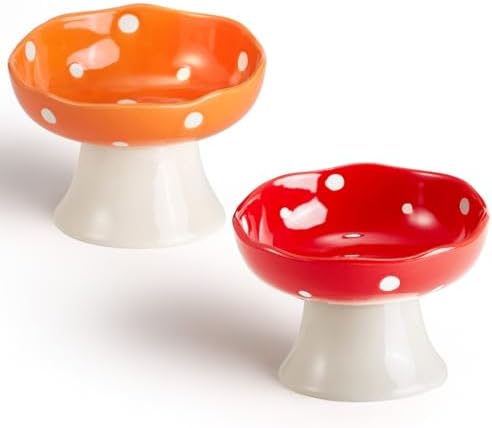 Red and Orange Mushroom Cat Bowl Set, 2PCS Elevated Ceramic Bowls for Cats by Trundisan