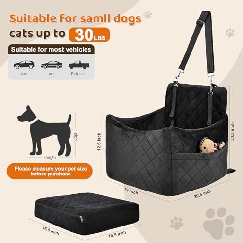 Dog Car Seat for S/M Dogs, Memory Foam Dog Booster Car Seat Up to 35lbs, Detachable Washable Pet Travel Bed with Side Pockets and 2 Safety Belts, Easy to Install (Black) - Image 2