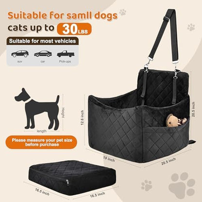 Dog Car Seat for S/M Dogs, Memory Foam Dog Booster Car Seat Up to 35lbs, Detachable Washable Pet Travel Bed with Side Pockets and 2 Safety Belts, Easy to Install (Black) - Image 2
