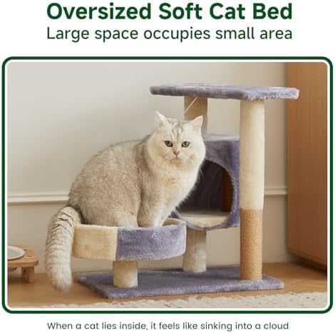 Cat Tree with Condo, Perch, and Scratching Posts, Gray and Beige, Multi-Level Tower with Hanging Toy - Image 5