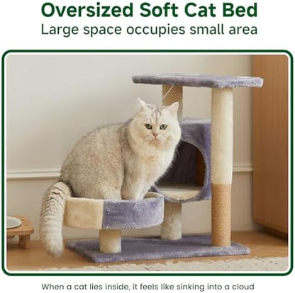 Cat Tree with Condo, Perch, and Scratching Posts, Gray and Beige, Multi-Level Tower with Hanging Toy - Image 5