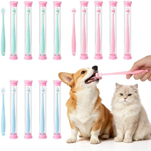 VZZNN 12 Pack Small Dog & Cat Toothbrush, 360 Degree Soft Silicone Pet Dental Care Kit with Holder, Suction Cup Base, Individually Wrapped, Gentle Teeth Cleaning for Kittens & Small Breeds by VZZNN