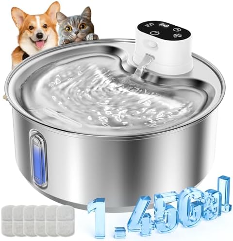 Stainless Steel Cat Water Fountain, 186fl.oz/1.45Gal Cordless Dog Fountain by WILKIEE