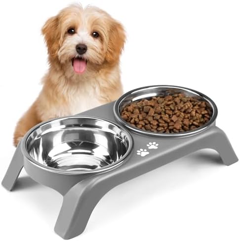 Elevated Dog Bowls for Small Dogs, 3” High Raised Dog Bowl Stand with Dual 5” Stainless Steel Bowls Non-Slip Pet Feeder for Puppy and Cats, Dishwasher Safe, Grey by COMESOON