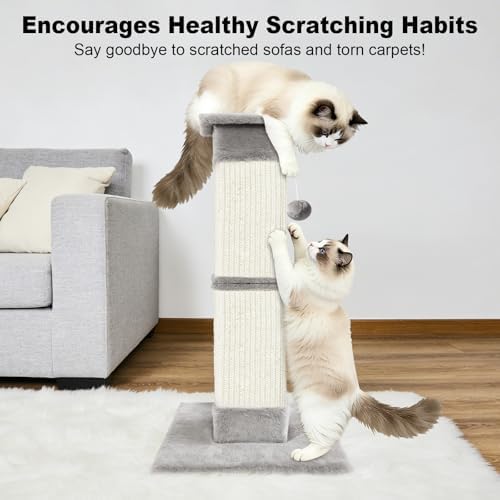 Cat Scratching Post 33 inch for Indoor Cats, Sisal Cat Scratcher, Vertical Posts with Dangling Ball, High Cat Scratch Post, Cat Tree for Full-Body Stretching, Protect Your Furniture, Light Grey - Image 4