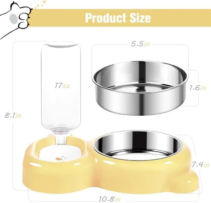 Dog Bowls, Cat Food and Water Bowl Set with Water Dispenser and Stainless Steel Bowl for Cats and Small Dogs - Yellow - Image 5