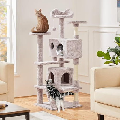 Yaheetech 54in Cat Tree Tower, 2 Caves, Kitten-Ear Perch & Scratching Posts - Image 2