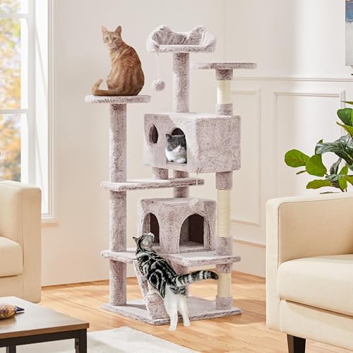 Yaheetech 54in Cat Tree Tower, 2 Caves, Kitten-Ear Perch & Scratching Posts - Image 2