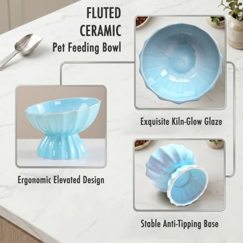 Lotus Ceramic Elevated Cat Bowl, 15° Tilted Raised Cat Dish for Food and Water, 6.1" Extra Wide Whisker-Friendly Shallow Bowl, One-Piece Anti-Vomiting Pet Feeder for Cats and Small Dogs (Blue) - Image 5