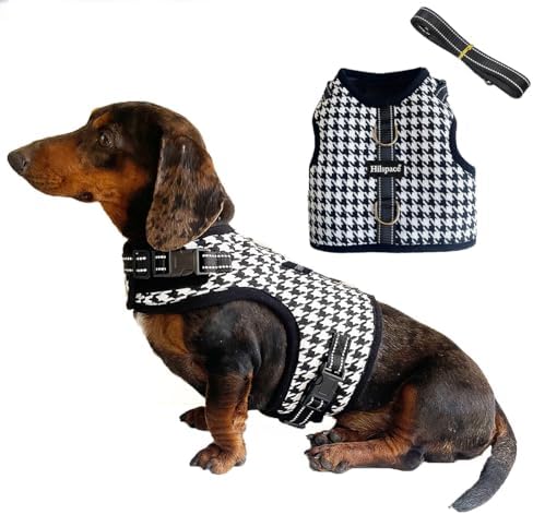 Dog Harness for Mini Dachshund, Houndstooth Rub-Free Dachshund Harness Vest, No Pull & Escape Proof, No Armpit Rub, Reflective Adjustable Dog Harness (Black, XS: Chest 25-31cm (10"-12")) by Unknown