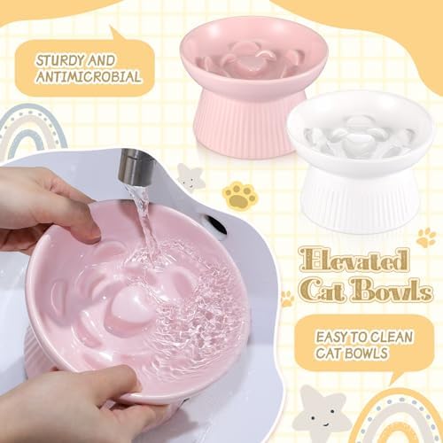 Layhit 2 Pack Raised Slow Feeder Cat Bowls Ceramic Elevated Cat Food Bowls Anti Vomiting Slow Feeder for Dog and Kitten for Dry and Wet Food(Pink, White) - Image 3