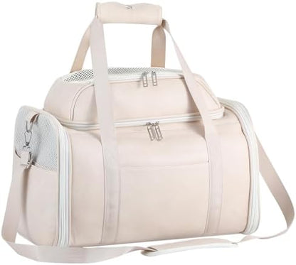 Premium Leather Top Expandable Pet Carrier for Small Dogs & Cats Under 15 lbs, Airline Approved Collapsible Soft-Sided Luxury Travel Bag Beige by Unknown